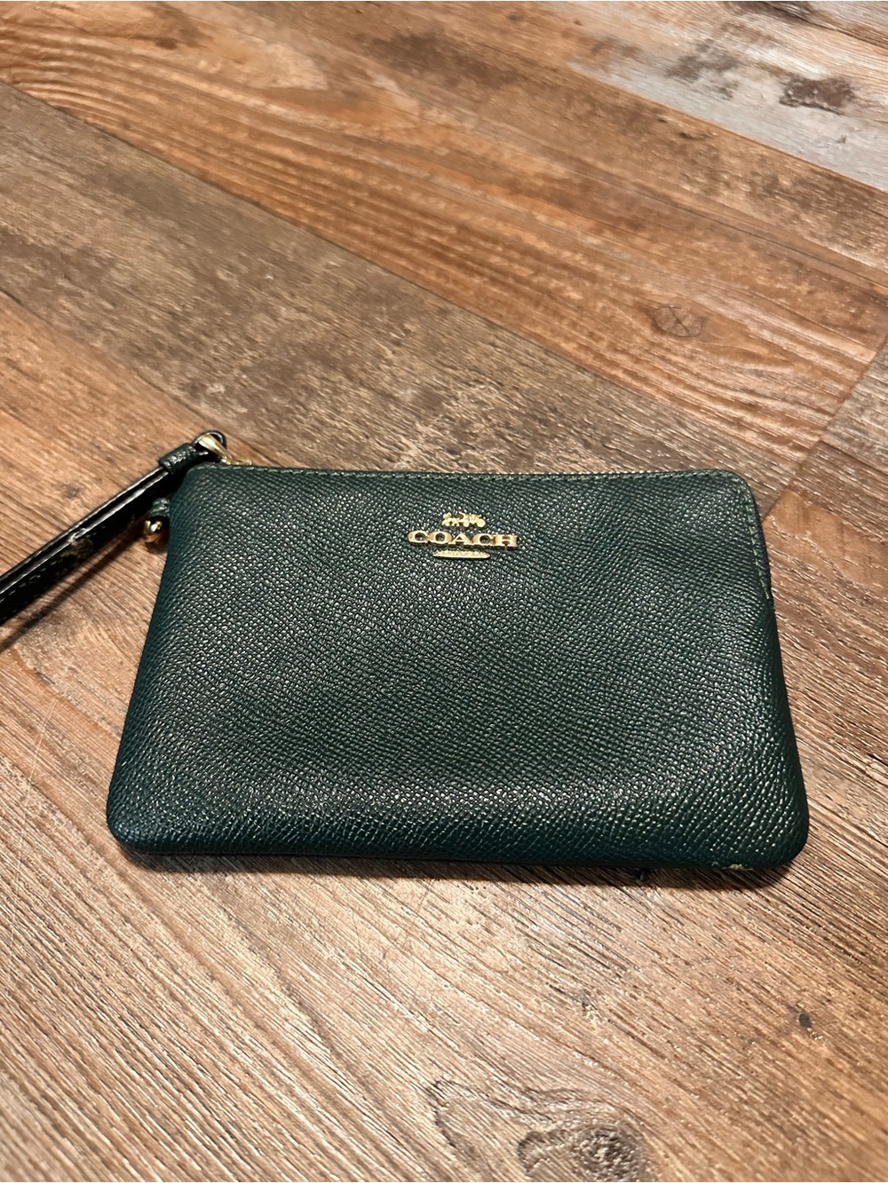 Coach Dark Green Leather Wristlet with Gold Logo